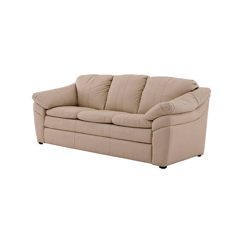 Juego de sala Marsella de cuero en tonos café latte, incluye sofá, love seat y sillón, con diseño elegante y moderno.