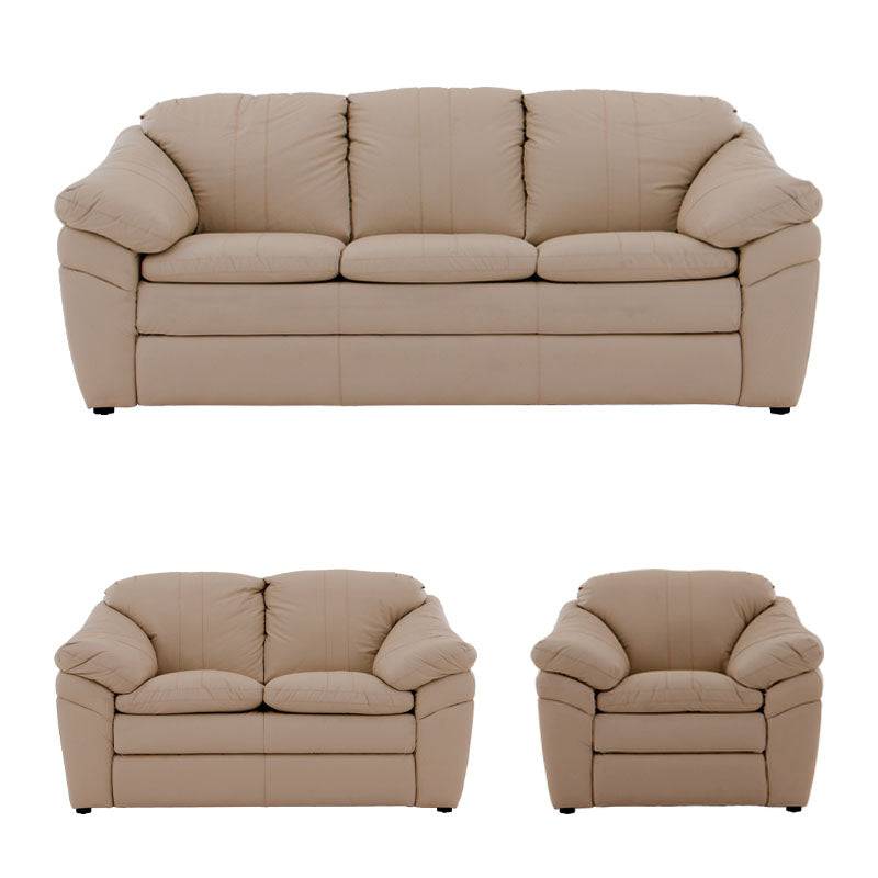 Juego de sala Marsella en cuero con sofá, loveseat y sillón en color café latte, con detalles de textura de cuero.