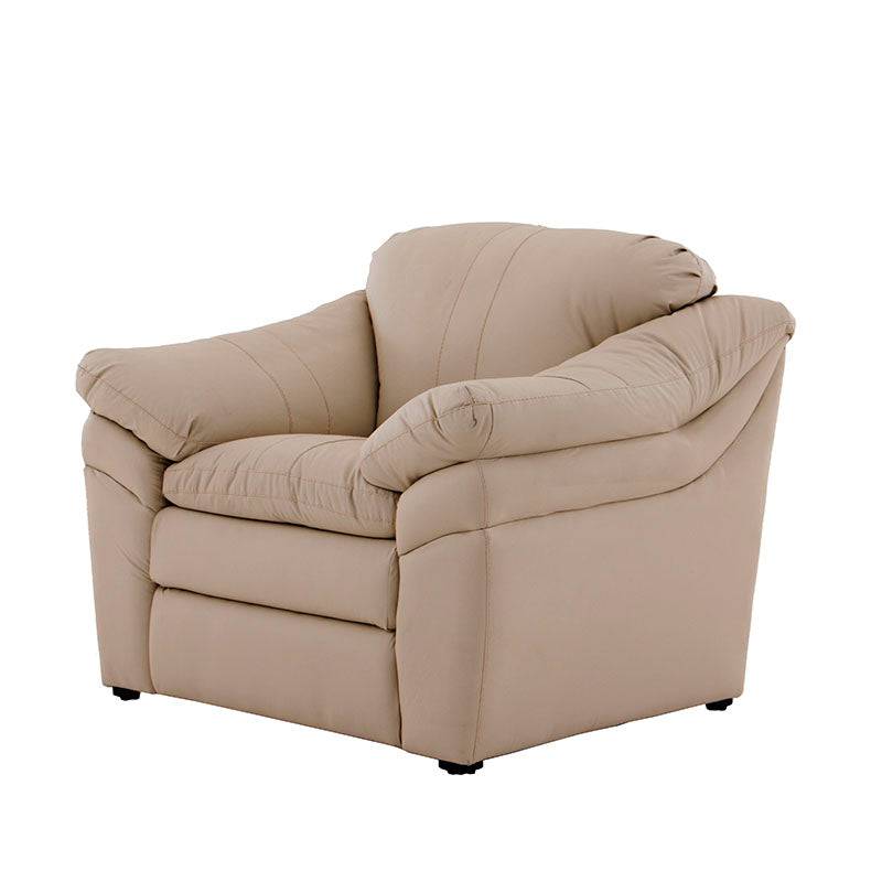 Juego de sala Marsella de cuero con sofá, love seat y sillón en color café latte, con diseño moderno y cómodo.