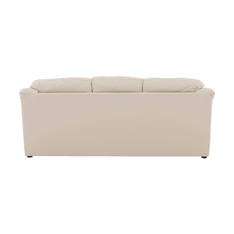 Juego de sala Marsella en cuero con sillón, loveseat y sofá en tono café latte, con detalles en cuero y tamaño compacto.