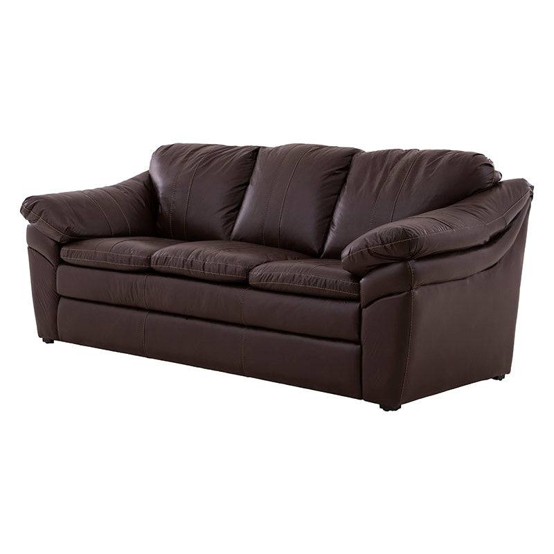 Juego de sala Marsella de cuero en tonos café latte, incluye sofá, loveseat y sillón, con diseño moderno y cómodo.