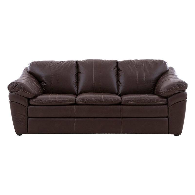 Juego de sala Marsella en cuero con sofá, love seat y sillón en color café latte, con detalles en cuero y medidas específicas.