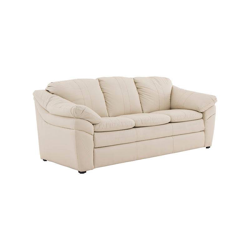 Juego de sala Marsella de cuero con sofá, loveseat y sillón en color café latte, con detalles en cuero y dimensiones visibles.