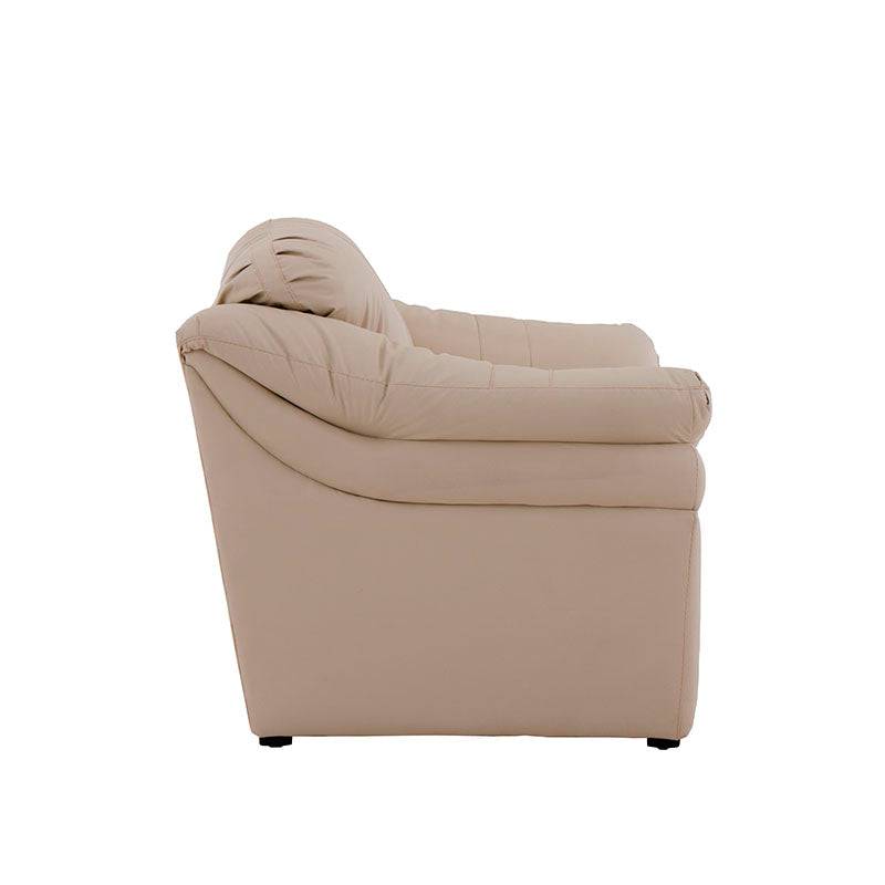 Juego de sala Marsella en cuero con sofá, love seat y sillón en tonos café latte, muestra los muebles frente y detalles de textura.