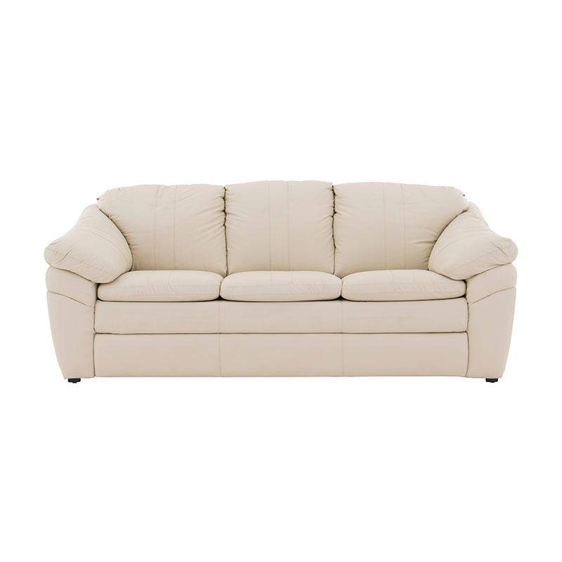 Juego de sala Marsella de cuero en tonos café latte, incluye sofá, loveseat y sillón, con estructura moderna y elegante.