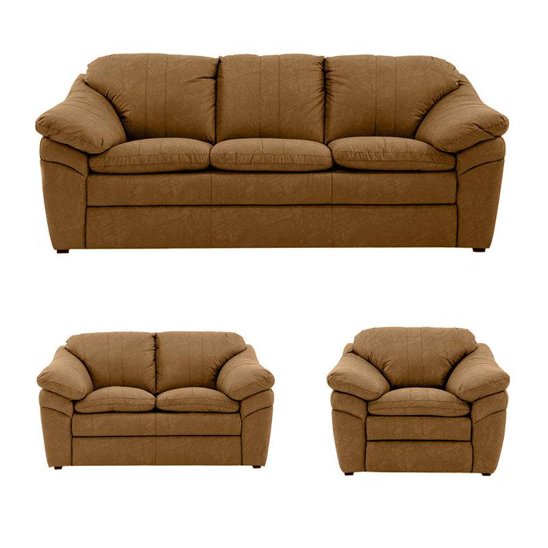 Juego de sala Marsella de cuero en tonos café latte con sofá, love seat y sillón, estilo moderno y cómodo.