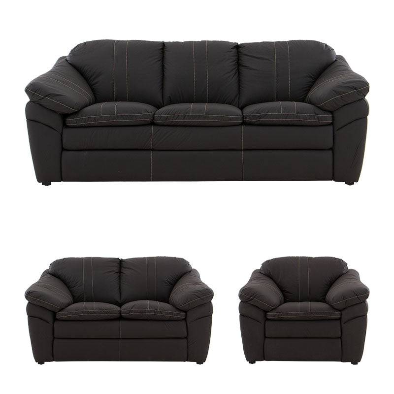 Juego de sala Marsella en cuero con sofá, love seat y sillón en color café latte, con detalles de toque de cuero.