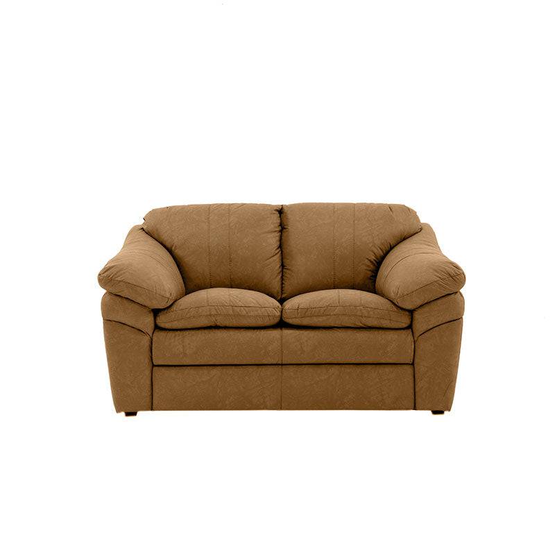 Juego de sala Marsella de cuero en tonos café latte, incluye sofá, loveseat y sillón con diseño moderno y elegante.