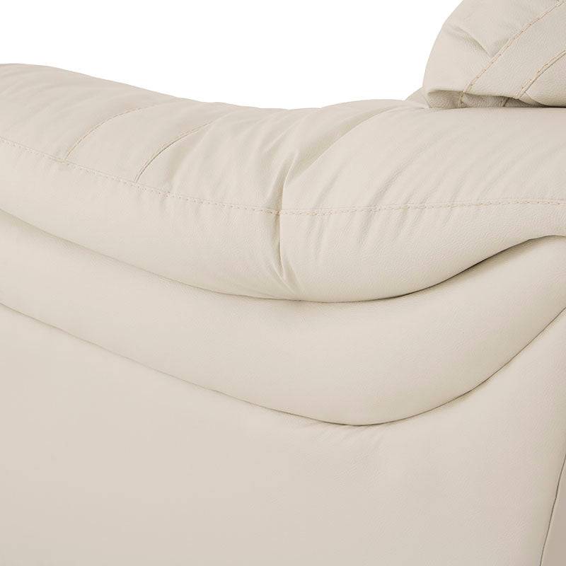 Juego de sala Marsella en cuero con sofá, love seat y sillón en color café latte, con detalles en piel touch y dimensiones detalladas.