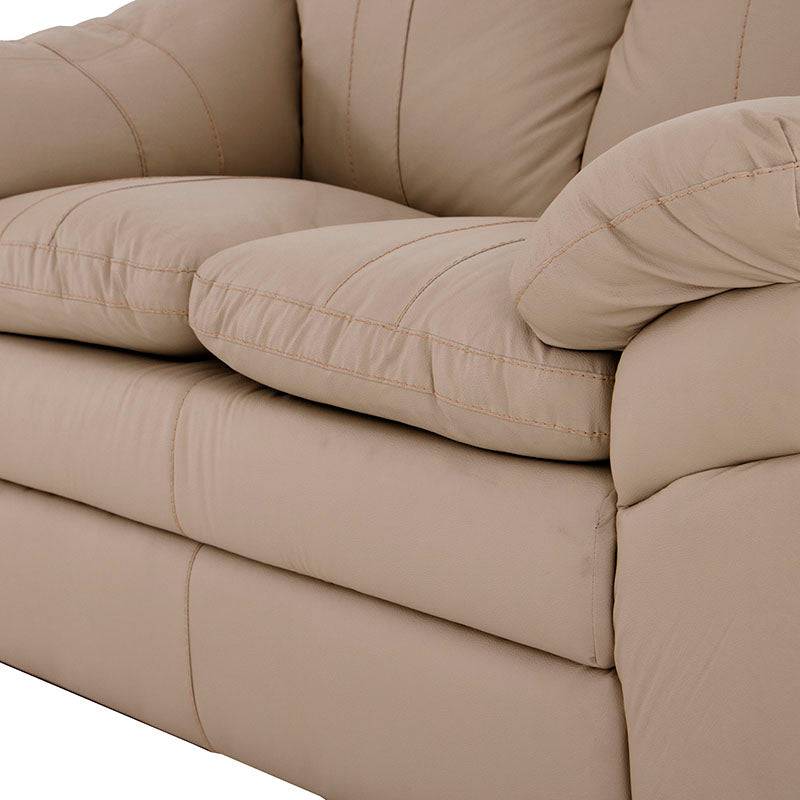 Juego de sala Marsella en cuero color latte con sofá, loveseat y sillón, dimensiones completas, diseño moderno y elegante.