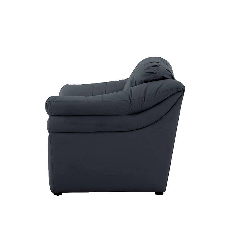 Juego de sala Marsella de cuero con sofá, loveseat y sillón en color café latte, con dimensiones visibles en la imagen.