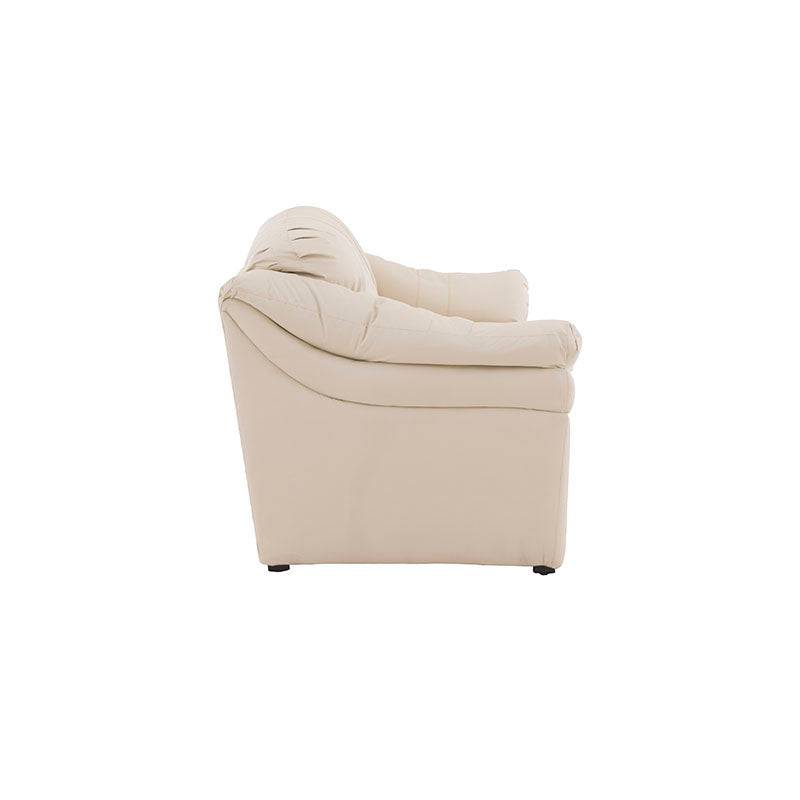 Juego de sala Marsella de cuero en color latte con sofá, sillón y loveseat, con detalles en cuero y acabado elegante.