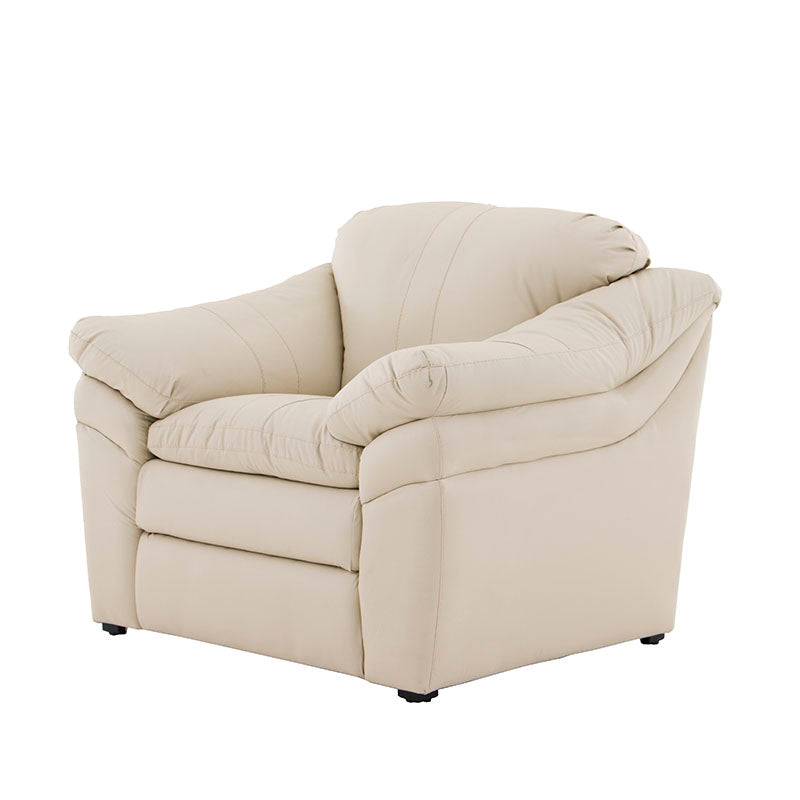 Juego de sala Marsella de cuero en tonos café latte, incluye sofá, loveseat y sillón, con estructura moderna y elegante.