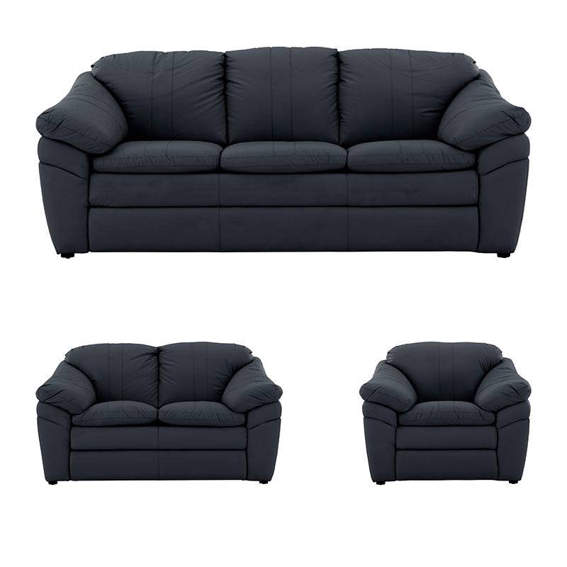 Juego de sala Marsella en cuero con sofá, loveseat y sillón en tono café latte, con detalles elegantes y cómodos.