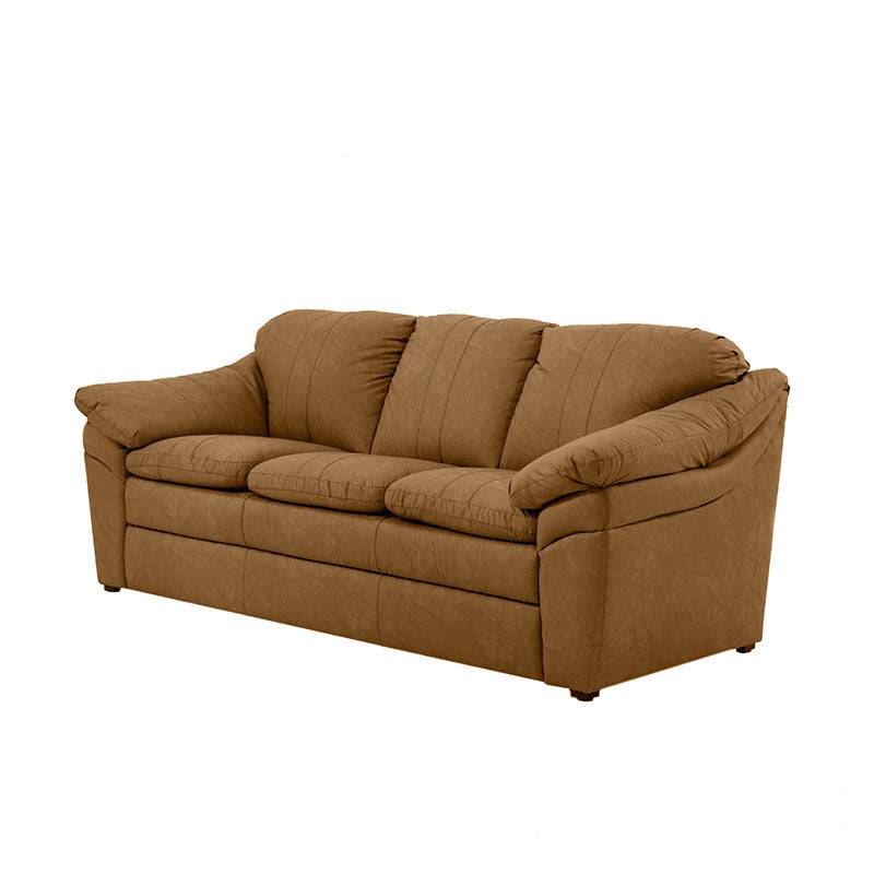 Juego de sala Marsella de cuero en color café latte, incluye sofá, love seat y sillón con respaldo y asientos cómodos.