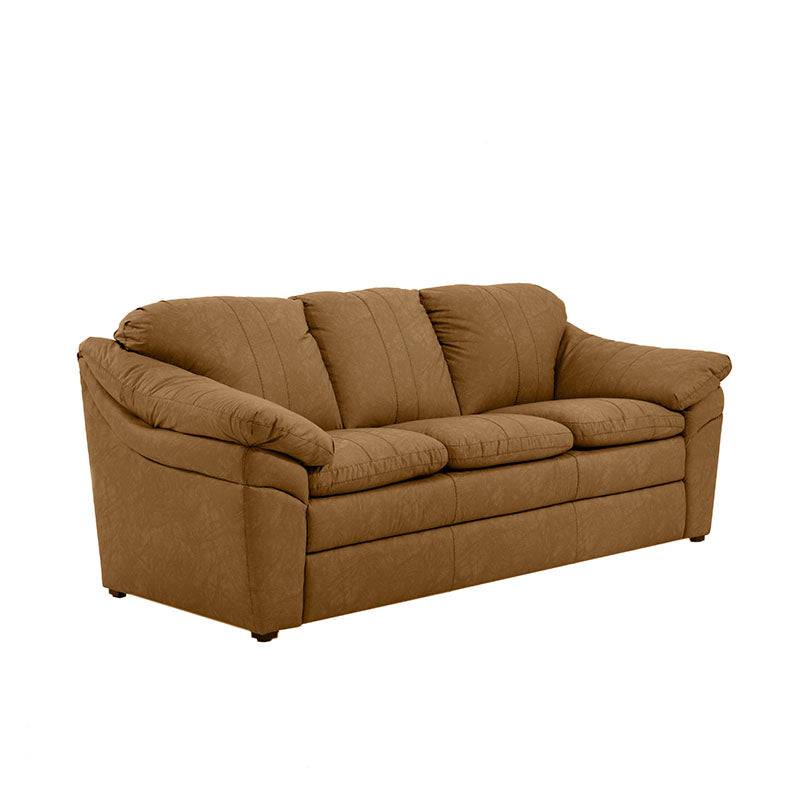 Juego de sala Marsella de cuero en color café latte, incluye sofá, loveseat y sillón, con diseño moderno y elegante.