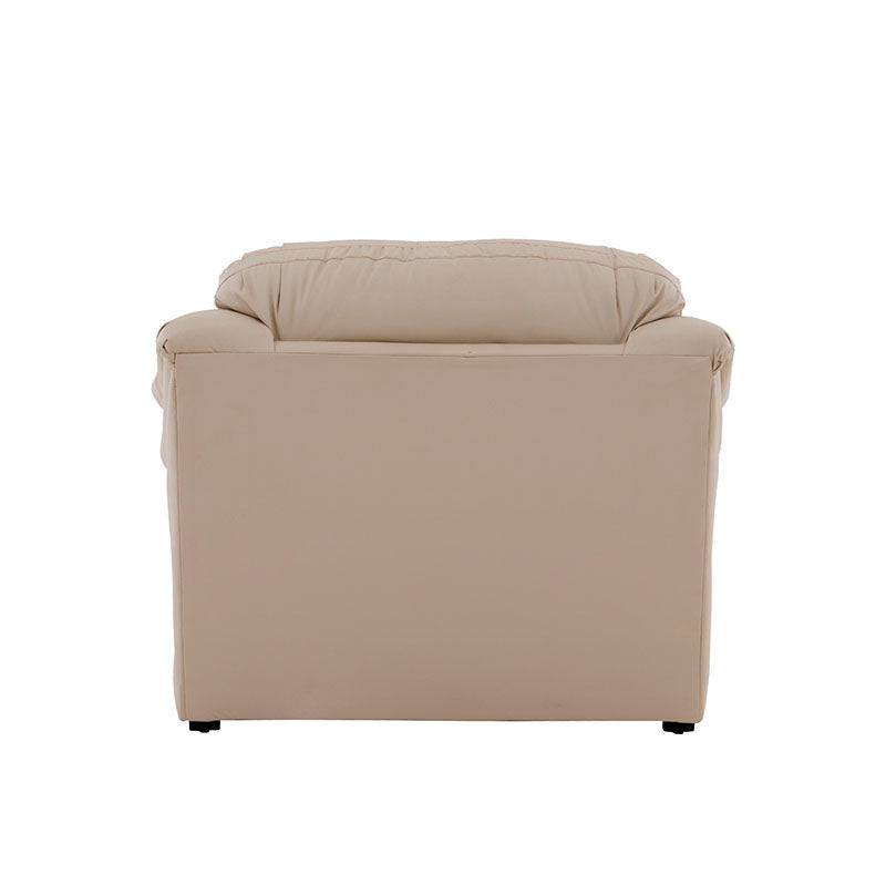 Juego de sala Marsella de cuero en color café latte, incluye sofá, loveseat y sillón con detalles en cuero y estructura moderna.