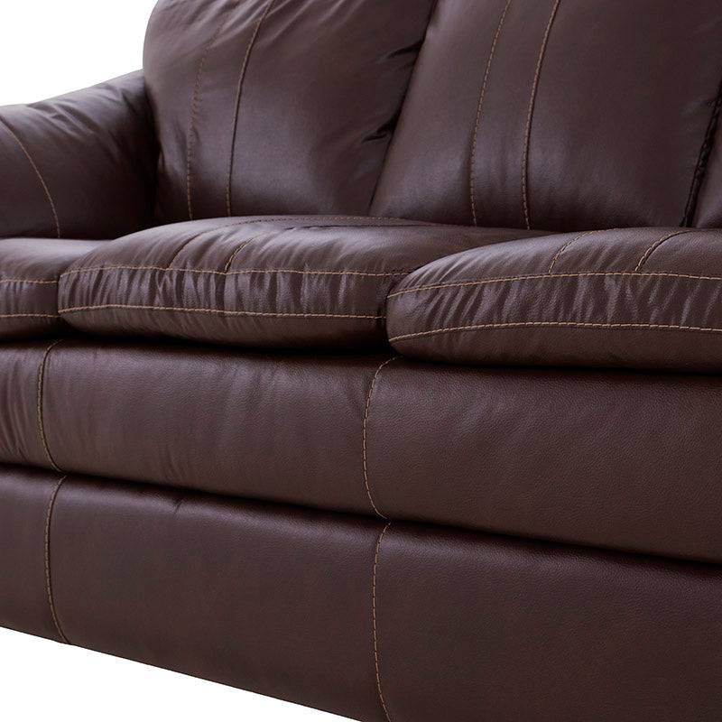 Juego de sala Marsella en cuero con sofá, loveseat y sillón en color café latte, con detalles en cuero tacto deurope.com.mx