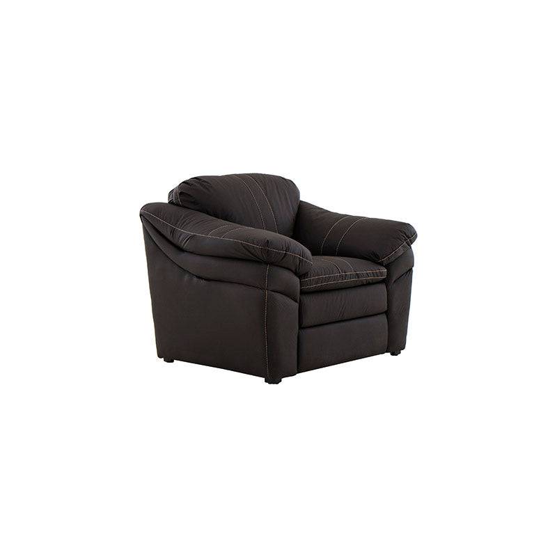Conjunto de sala Marsella en cuero con sofá, love seat y sillón en tono café latte, con detalles de tapizado de cuero.