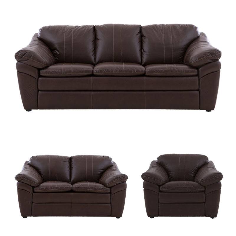 Juego de sala Marsella de cuero en tonos café latte, incluye sillón, loveseat y sofá con detalles elegantes y modernos.