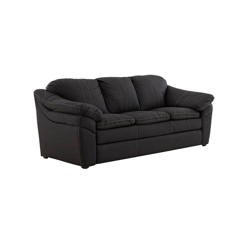 Juego de sala Marsella en cuero con sofá, loveseat y sillón en tono café latte, con detalles en cuero y dimensiones visibles.