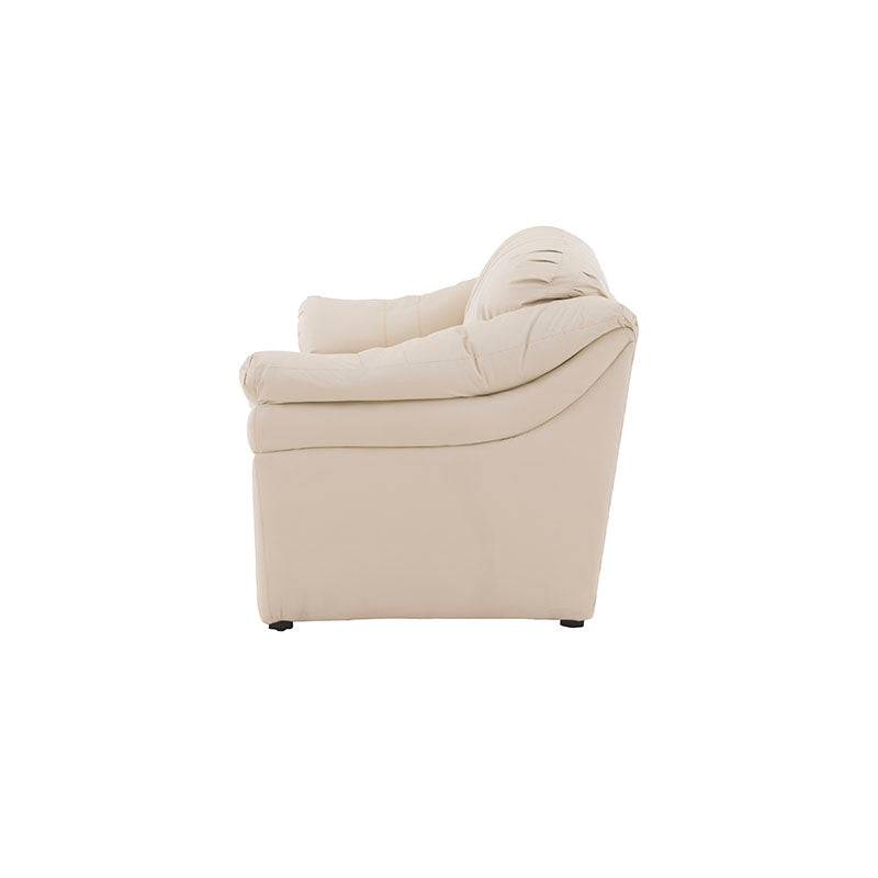 Juego de sala Marsella de cuero en color cafe latte con sofá, love seat y sillón, con detalles en cuero y estructura moderna.