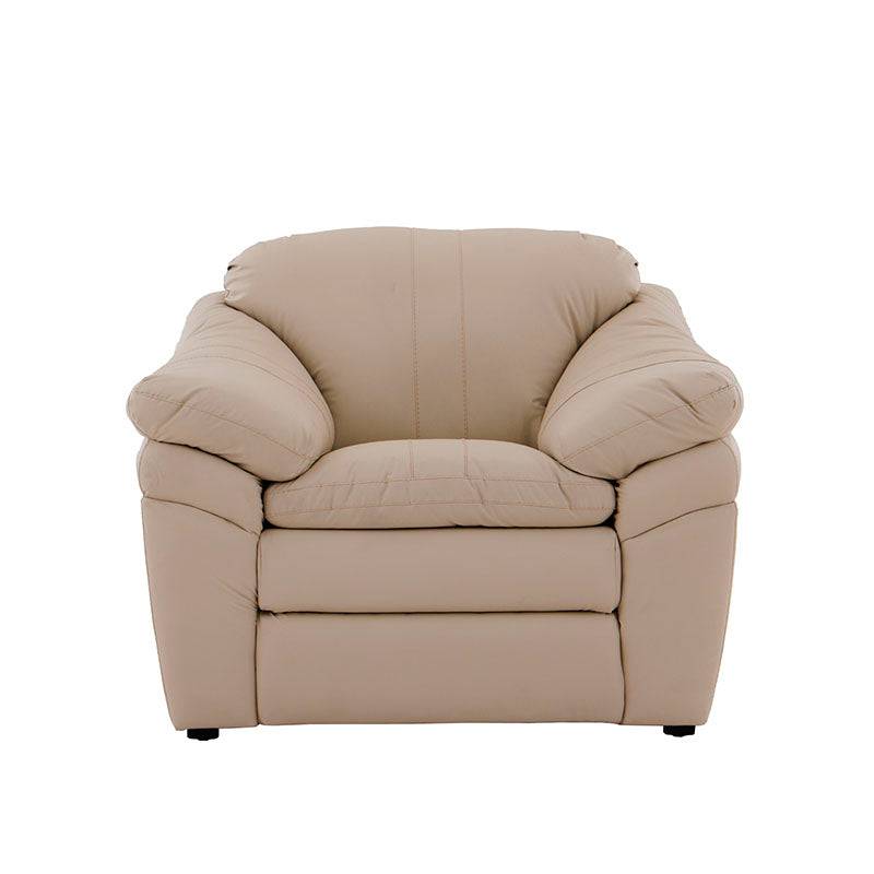 Juego de sala Marsella de cuero en tonos café latte con sofá, loveseat y sillón, con detalles de textura suave y dimensiones destacadas.