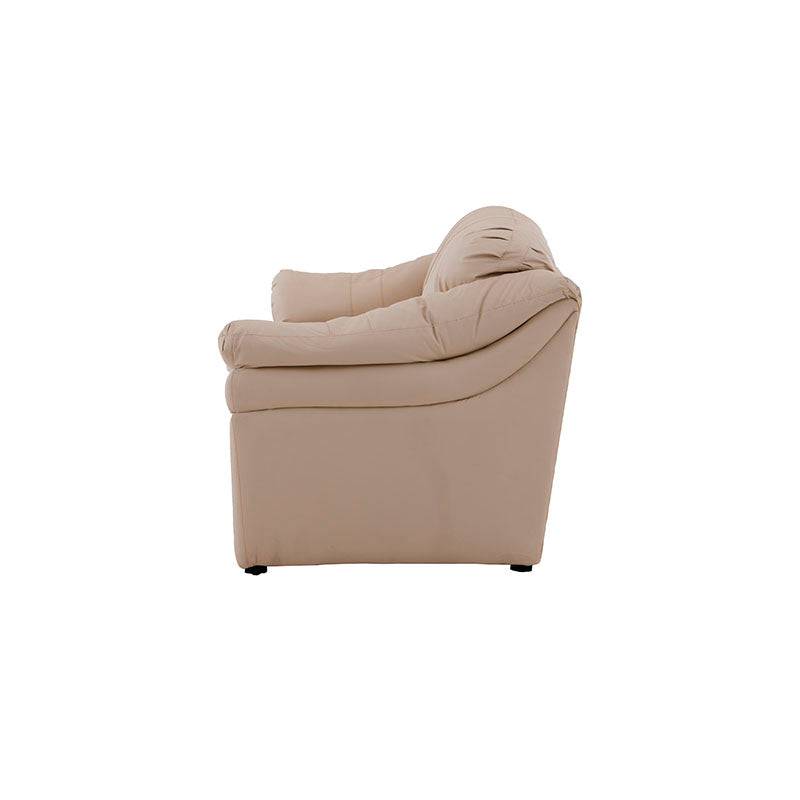Juego de sala Marsella en color café latte con sofá, love seat y sillón de cuero con detalles en cuero touch, diseño moderno.