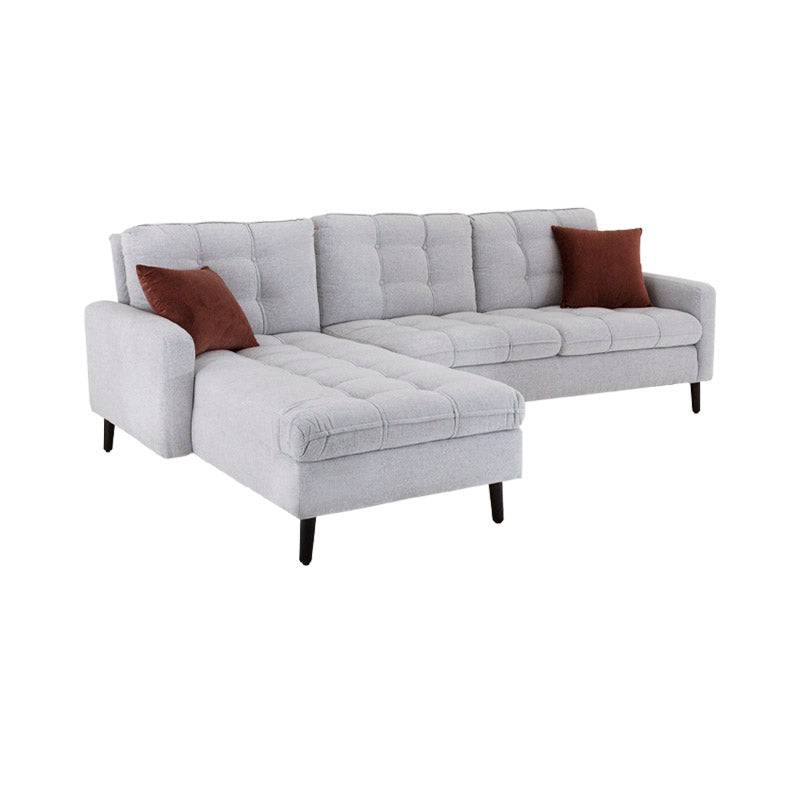 Juego de sala Eugenia con chaise deoupe.com.mx, sofá de 2 piezas en color gris claro con cojines y estructura moderna.