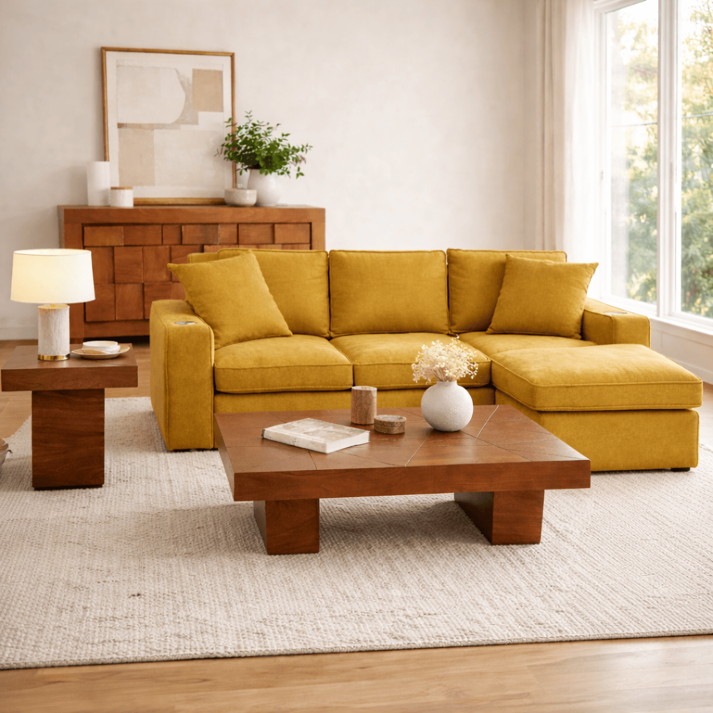 Sala Selena Amarillo de Deurope.com.mx, conjunto de sala con sofá y sillones en color amarillo brillante.