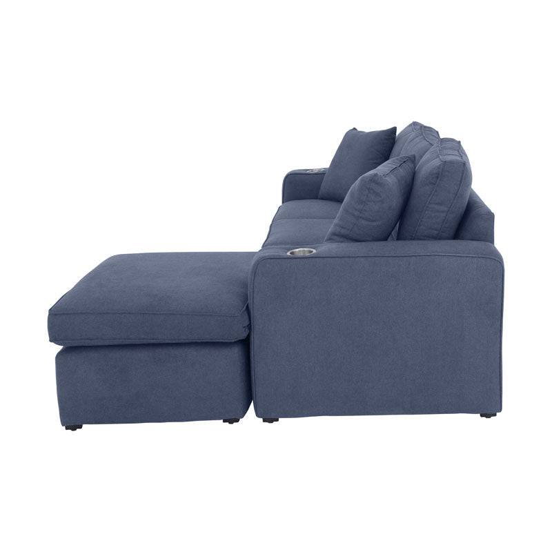 Sala Selena azul de Deurope.com.mx, conjunto de sala con cojines y estructura en color azul, vista desde el frente.