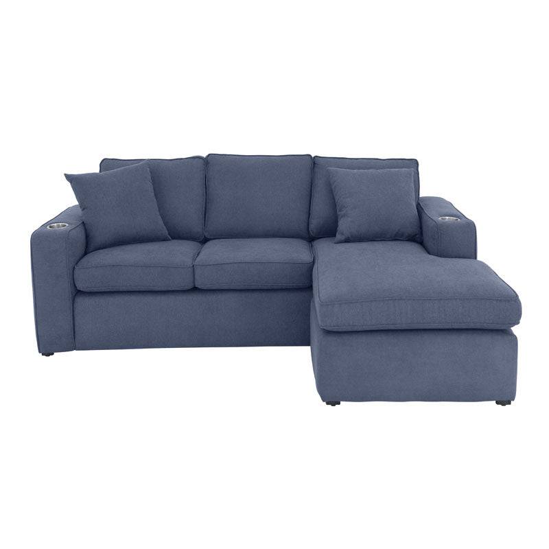 Sala Selena azul de deurope.com.mx, conjunto de sala moderna con sofá y sillones en tejido azul, vista completa del mobiliario.