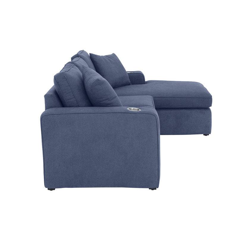 Sala Selena azul de Deurope, conjunto de sala moderna con cojines y estructura en tonos azules, ideal para sala de estar.