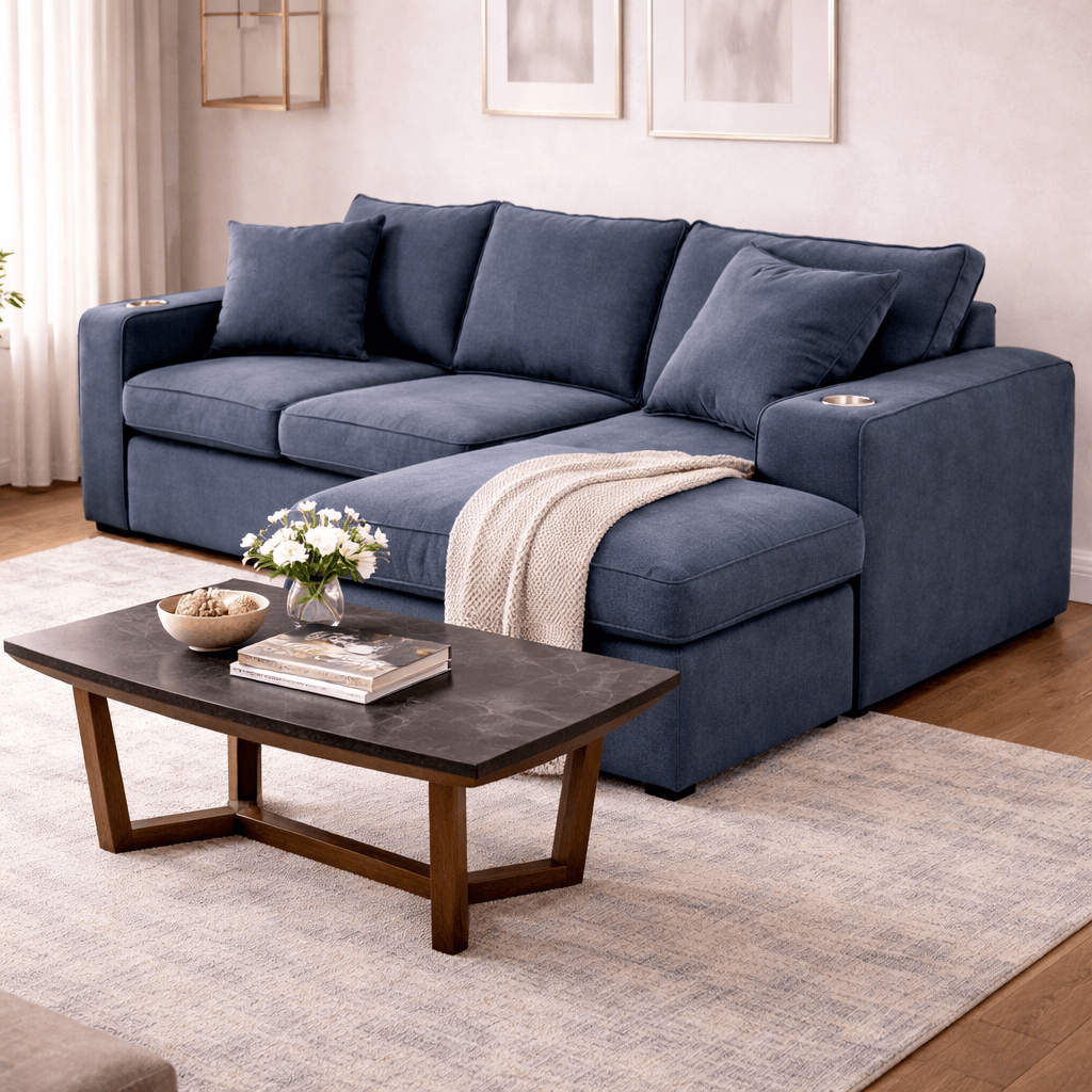 Sala Selena azul de Deurope.com.mx con tapizado en tela y diseño moderno, vista frontal en la imagen.