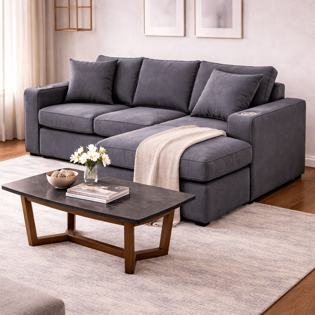Sala Selena en gris oscuro, sofá de sala moderna con cojines cómodos y diseño elegante, de deurope.com.mx