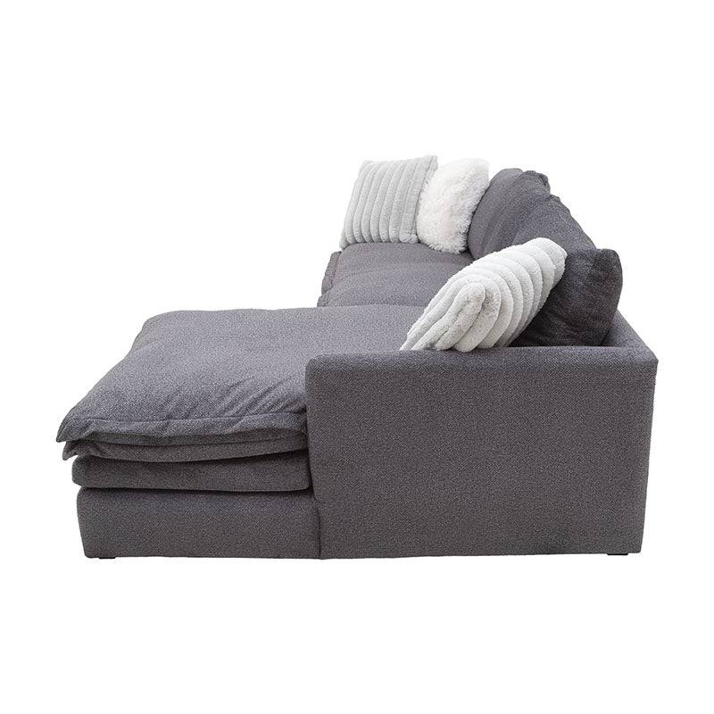 Sala Alejandría chaise derecha de tapiz gris claro con diseño moderno, tamaño 248 cm de ancho y 90 cm de alto.