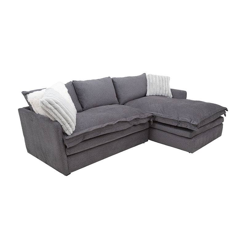 Sala Alejandría con chaise derecha de tapiz gris claro, estilo moderno, deupeurope.com.mx, con respaldo y asientos cómodos.