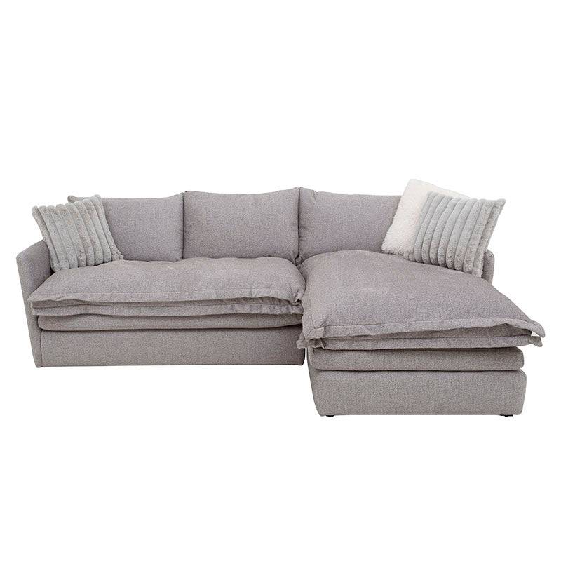Sala Alejandría con chaise derecha en tela gris claro, estilo moderno y cómodo, deupeuro.com.mx.