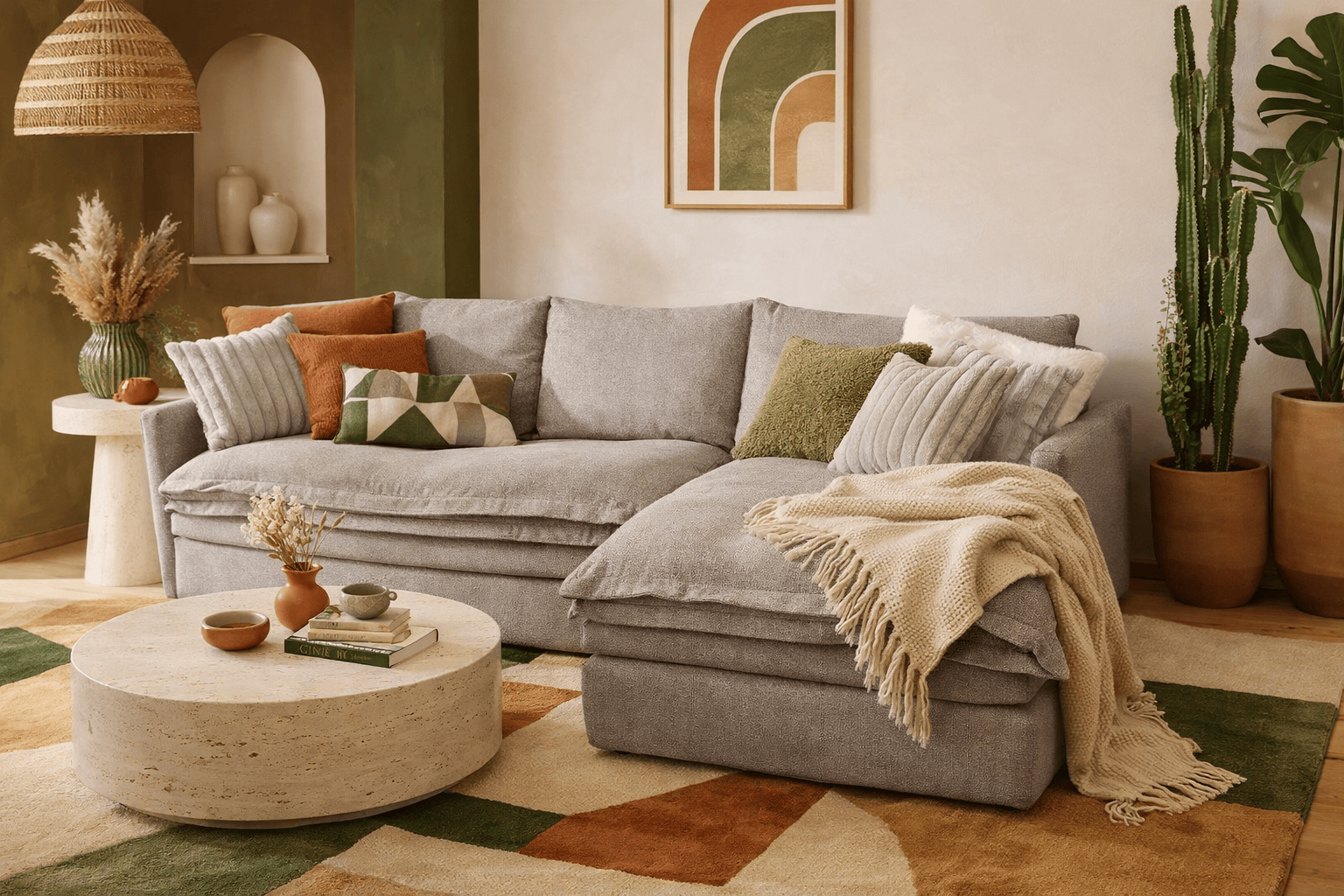Sala Alejandría chaise derecha de tapiz gris claro, con estructura moderna y cojines en tela, deurope.com.mx