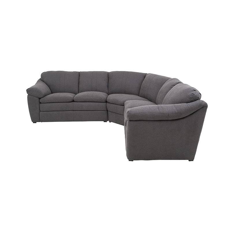 Sala Amara de color gris claro con tapiz de tela, estructura moderna y dimensiones de 276 cm de ancho, 92 cm de alto y 95 cm de fondo.