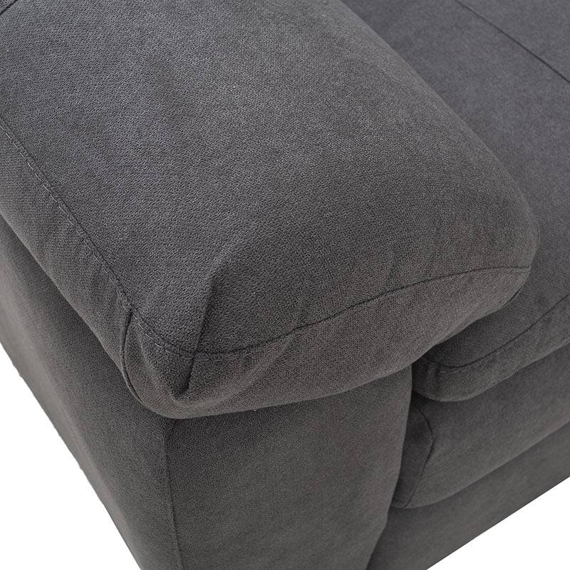 Sala Amara de tapiz gris claro, sofá de sala con estructura moderna y cojines en tela tejida, dimensiones 276x92x95 cm.