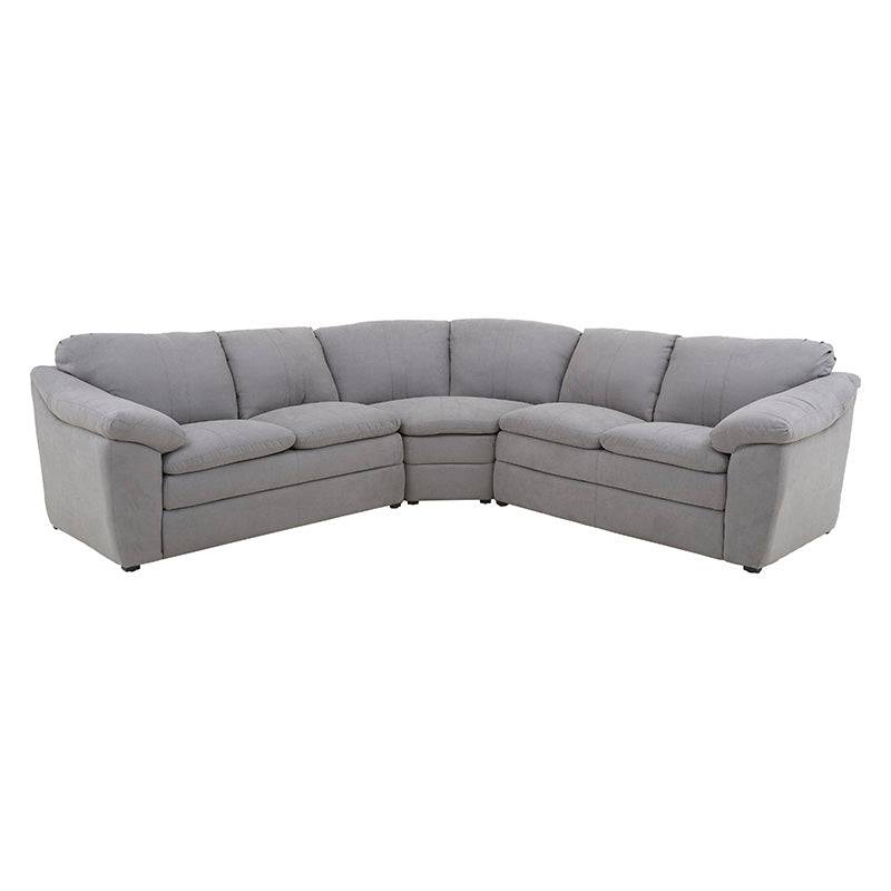 Sala Amara de tapiz gris claro con estructura de sala, dimensiones 276 cm de ancho, 92 cm de alto y 95 cm de fondo.