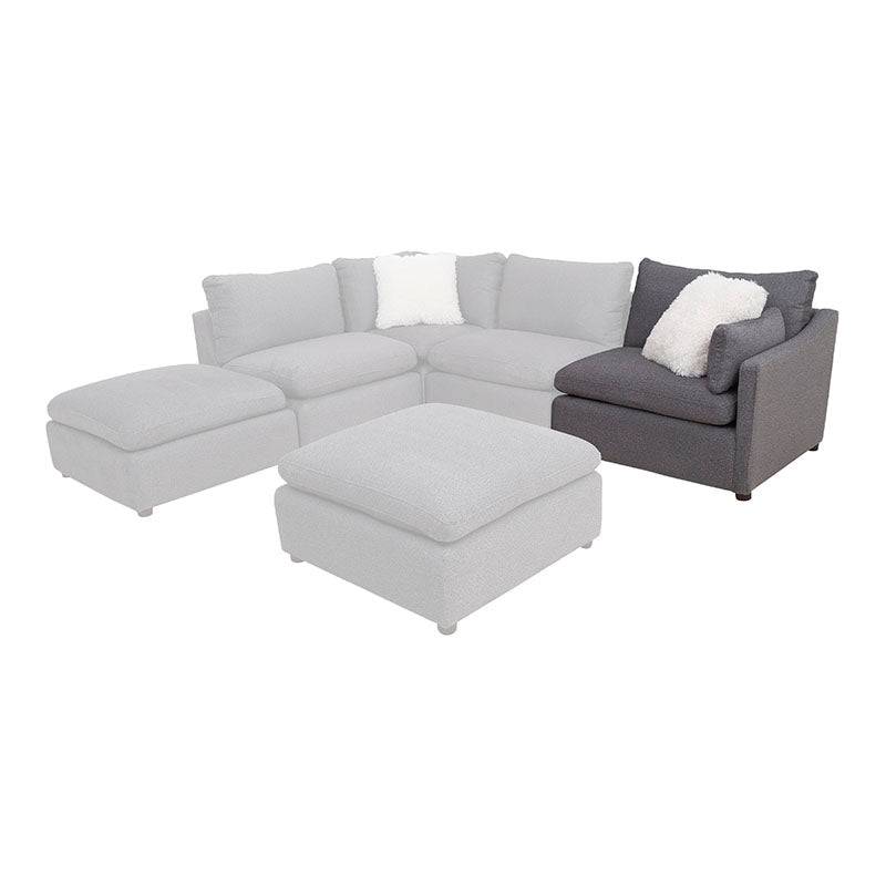 Juego de sala Francesca de 6 piezas en gris oscuro, sofá y asientos de tela con estructura de madera, vista lateral derecha.