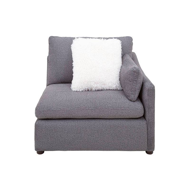 Juego de sala Francesca de 6 piezas en gris oscuro, con tapiz de tela y estructura de madera, vista lateral derecha.