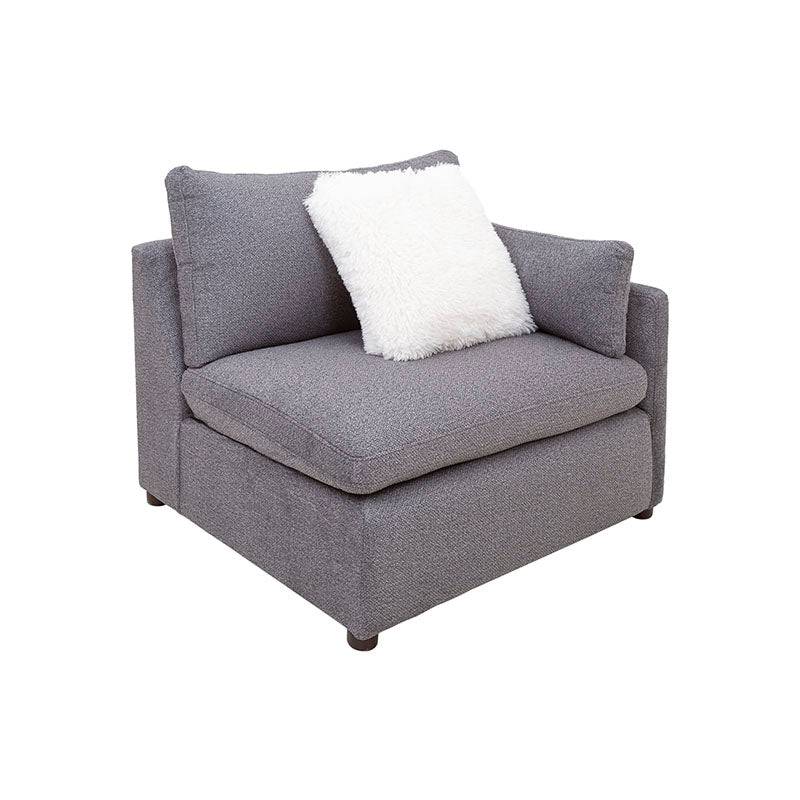 Juego de sala Francesca de 6 piezas en tapiz gris oscuro, vista lateral derecha, con sillones y sofá en tela tejida.