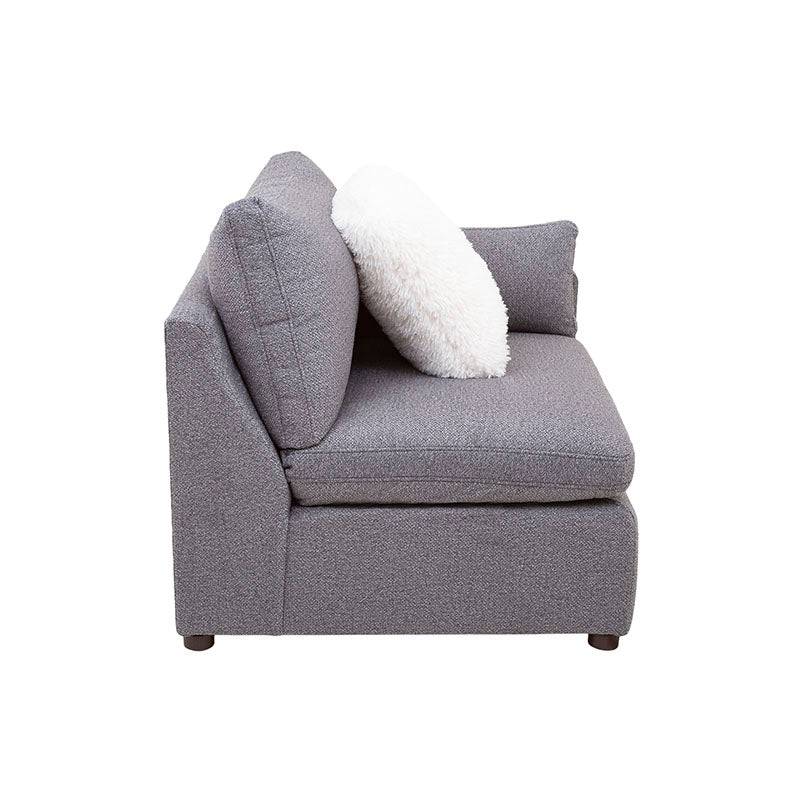 Juego de sala Francesca de 6 piezas en gris oscuro, sofá y sillones con tapizado en tela tejido plano, vista lateral derecha.
