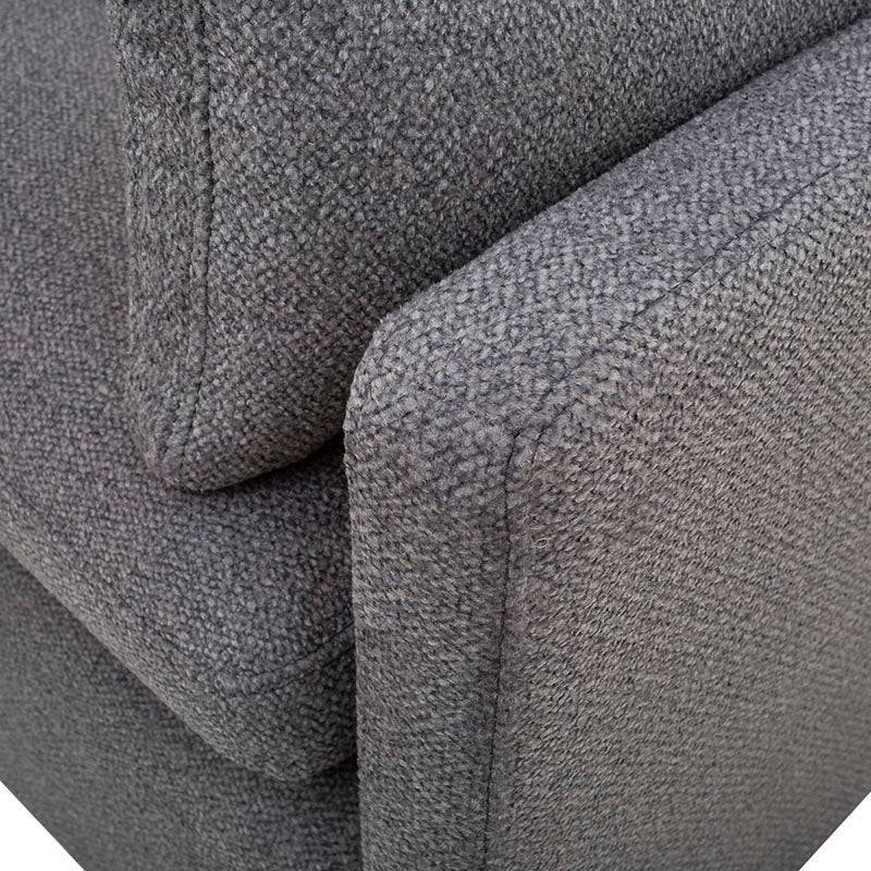 Juego de sala Francesca de 6 piezas en tapiz gris oscuro, sofá amplio y muebles laterales en tela con diseño moderno.