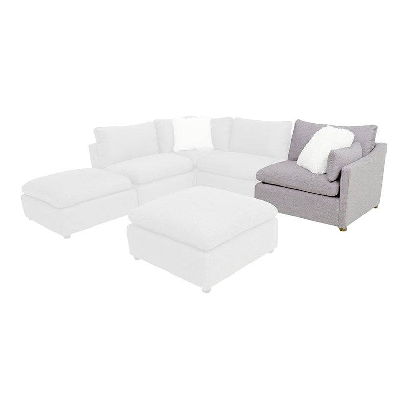 Juego de sala Francesca de 6 piezas en tapiz gris oscuro, vista lateral derecha, con muebles modernos y tejidos en tela plano.