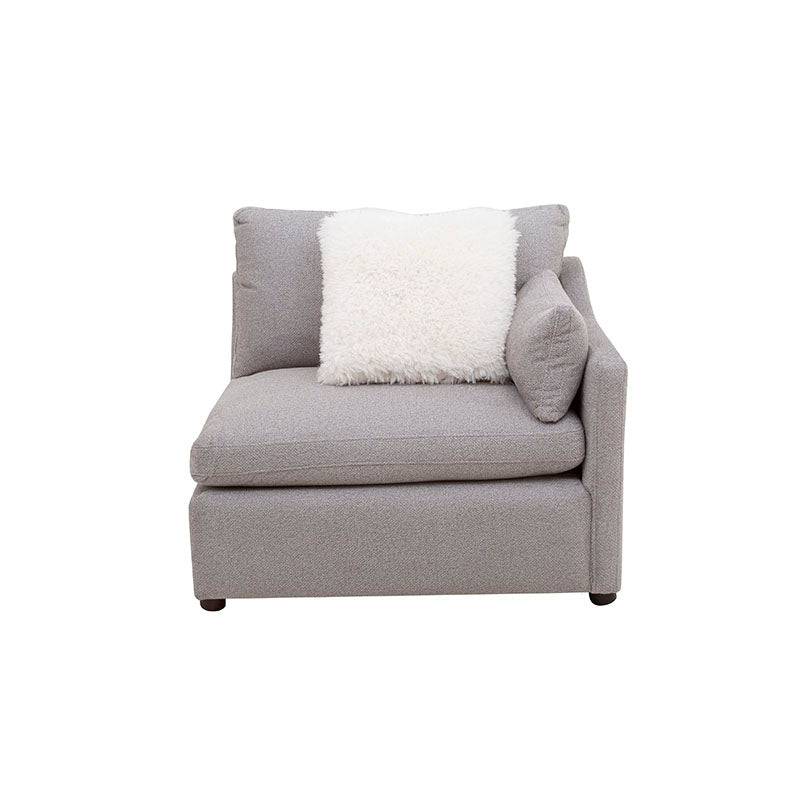 Juego de sala Francesca de 6 piezas en tela gris oscuro, con sillón lateral derecho y muebles tapizados en tejido plano.