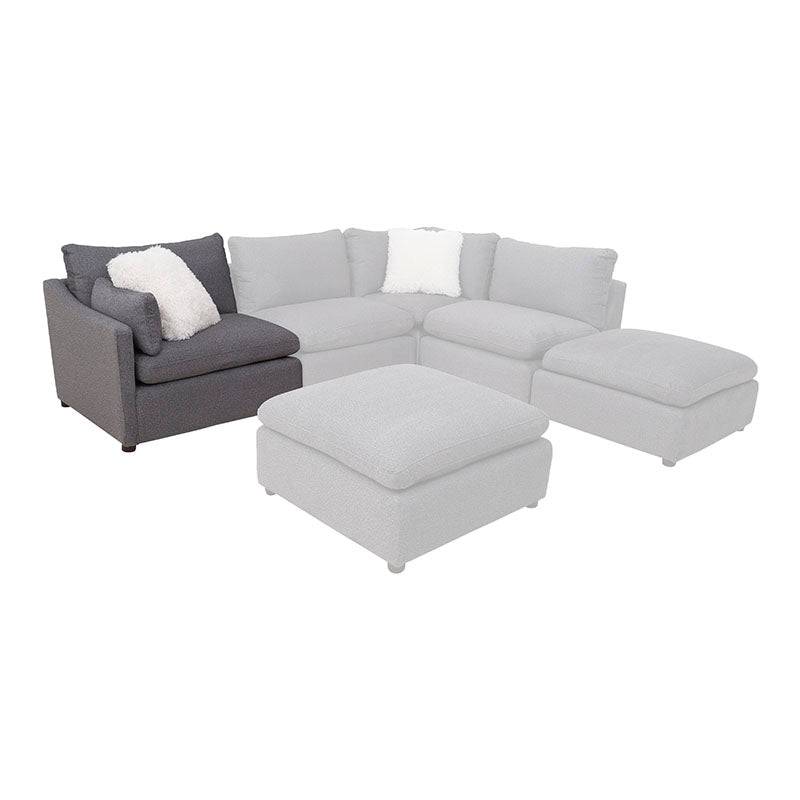 Juego de sala Francesca de 6 piezas en tapiz gris oscuro, con sillón y sofá en tela tejida, vista lateral izquierda.